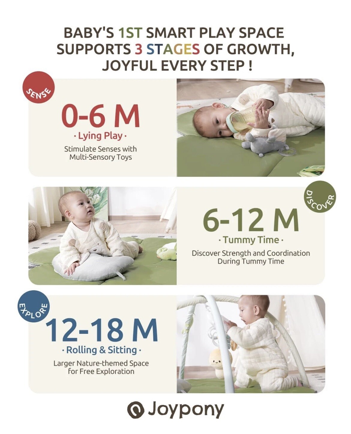 Joypony Baby Play Gyms Mat Larger Tummy Time Mat with Pillow Mirror & 5 Senso...