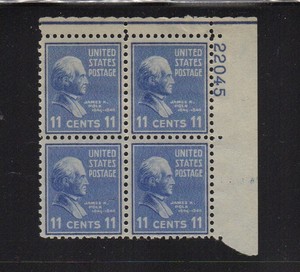 816-11-James-K-Polk-Issue-MNH-Plate-Block-4-1938-Presidentisl-Serises