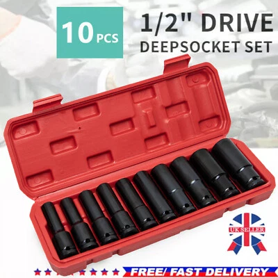 10 x Deep Impact Socket Set Heavy Duty 1/2" Drive 10-24mm Metric Tool Set UK