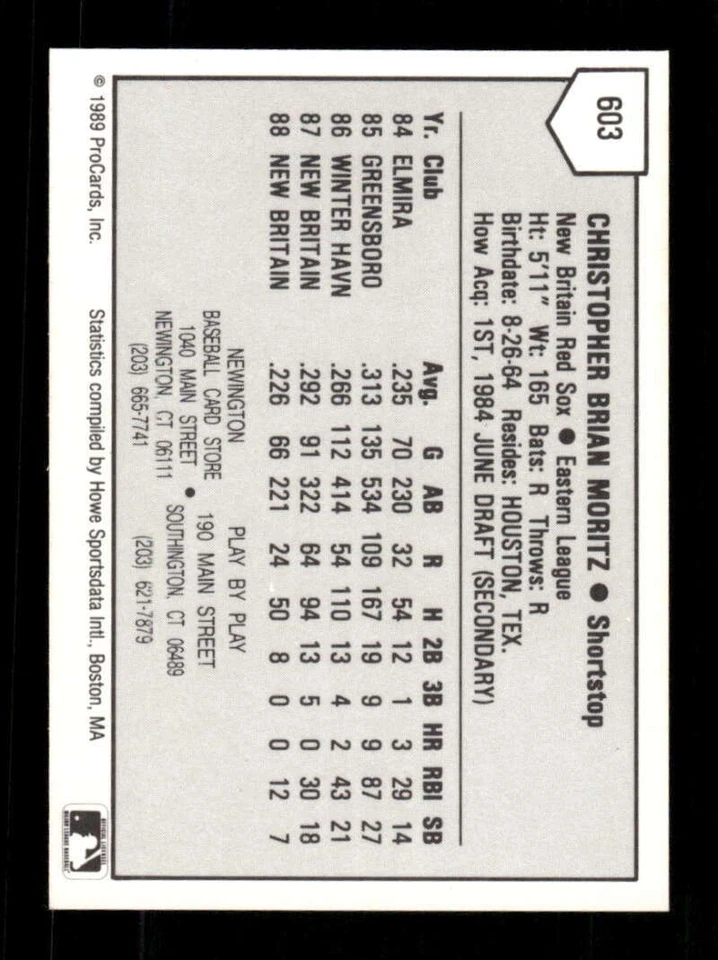 1989 ProCards New Britain Red Sox 603 Chris Moritz BXCP24 - Image 2 of 2