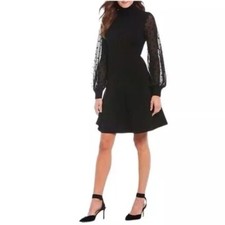 Eliza J Womens Dress Size Large Black Sheer polka Dot Sleeves Fit & Flare New