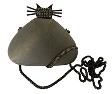 Vtr Rodo Italy Cat Minaudière Pewter Satin Rhinestones & Black Enamel Chain 6426