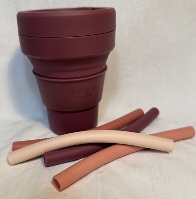 STOJO Collapsible Travel Silicone Cup with 4 Reusable Straws Burgundy/Dusty Rose
