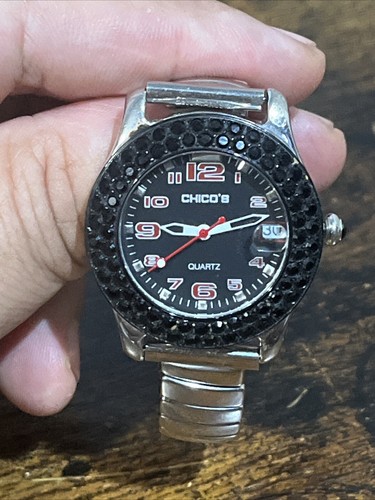 Chicos Women's 32mm Watch Silver Red Black Rhinestones Stretch Band Collectible