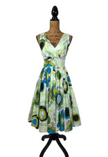 Aryeh Women's Dress S Green Geometric V-neck Fit & Flare Sleeveless Cotton Lined