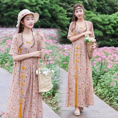 Lady Ethnic Maxi Dress V Neck Floral Print Cotton Linen Chinese Robe Qipao Fairy | eBay Lady Ethnic Maxi Dress V Neck Floral Print Cotton Linen Chinese Robe Qipao Fairy | eBay