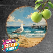Seagull Coastal Landscape Beach Ocean Seaside Art Round Plaque Metal Tin Sign