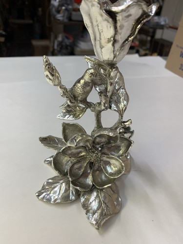 VTG Silver Tone Metal Arthur Court Magnolia With Bird Candle Holder Signed 2001 - Picture 2 of 17