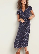 Old Navy Dress Navy Blue Floral Short Sleeve Midi Wrap Dress Spring Brunch