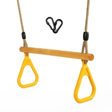 Wooden Trapeze with Plastic Gym Rings Trapeze Swing Bar with Adjustable Rope