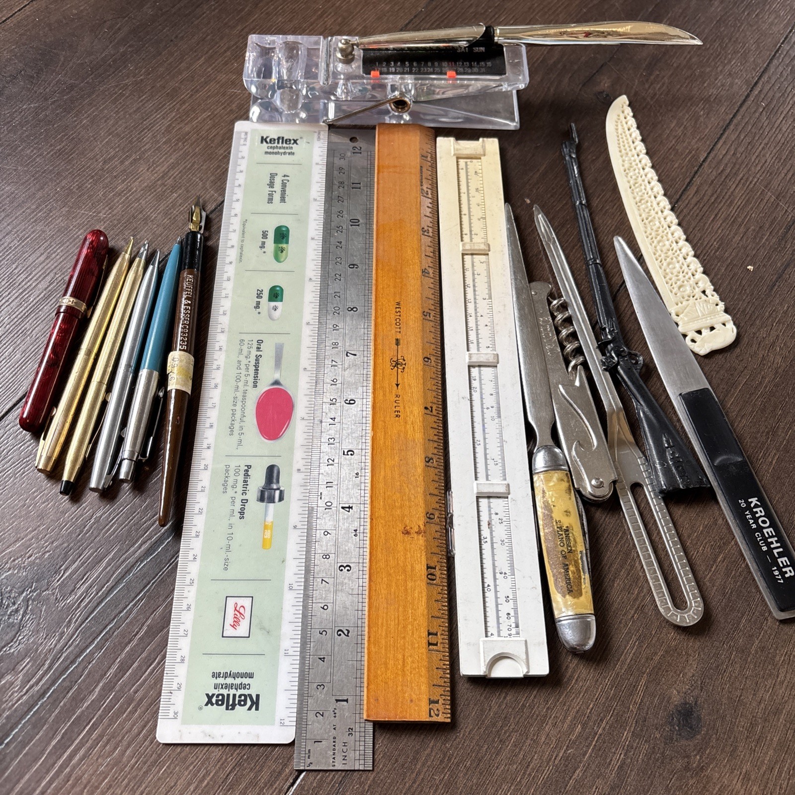 Lot Of Vintage 17 Items Office Desk Rulers Pens Envelope. Openers Paperweights