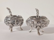 Anglo-Indian Solid Silver Salt Cellars with Matching Entwined Naga Spoons 19th C