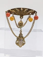 Vintage Gold Tone Brooch Filigree Dangling Beads Victorian Revival Statement