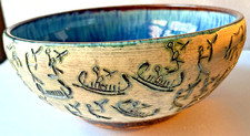 Large MCM Wisby Stoneware Pottery Bowl Swedish Cave Painting Viking Ship Design