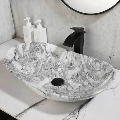 Oval Bathroom Vessel Sink Marbling 24''x14'' Ceramic Basin Bowl Combo Black Faucet
