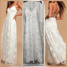 LULUS Magically Charming White Sequin Embroidered Lace Up Maxi Dress Size MEDIUM