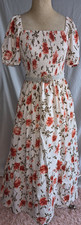 White Floral Square Neck Smocked Maxi Dress Puff Short Sleeve M