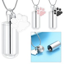 Cylinder w/ Dog Cat Paw Print Urn Pendant Pet Memory Necklace for Ashes Hair
