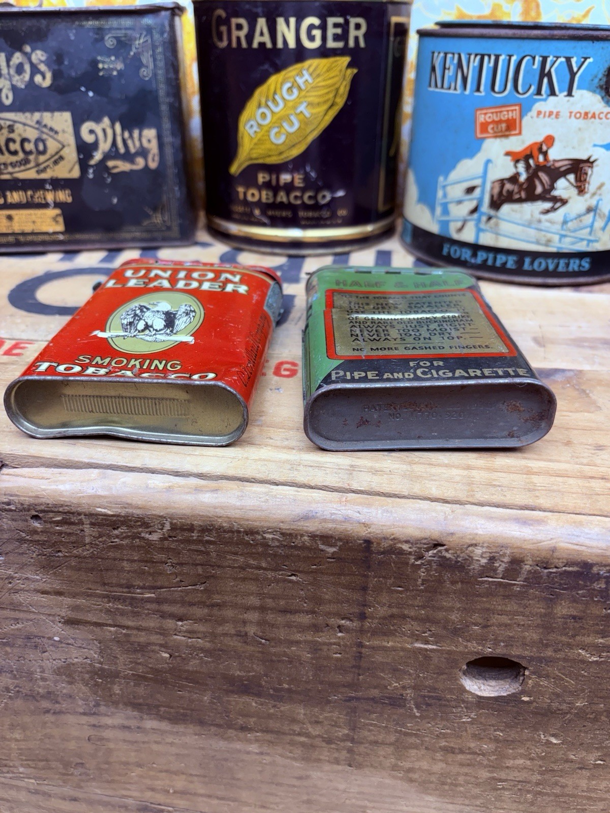 Vtg Tobacco Tin Lot Union Leader Lucky Strike Blue Boar Mayo Granger All Empty