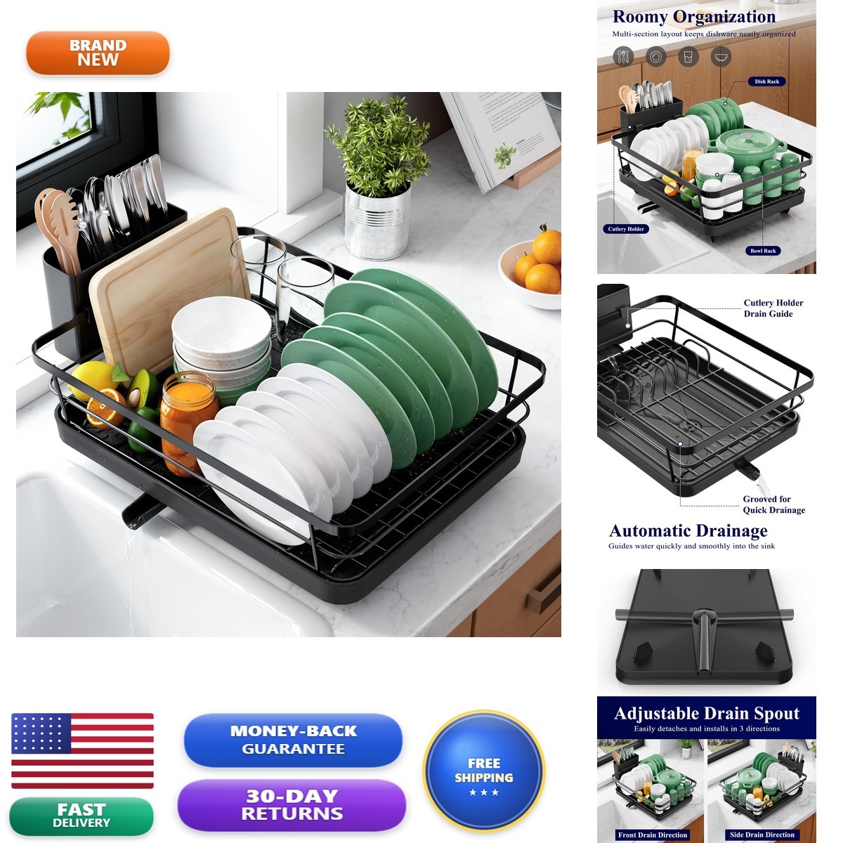 Kitsure Dish Drying Rack 12"W x 15.5"L Black