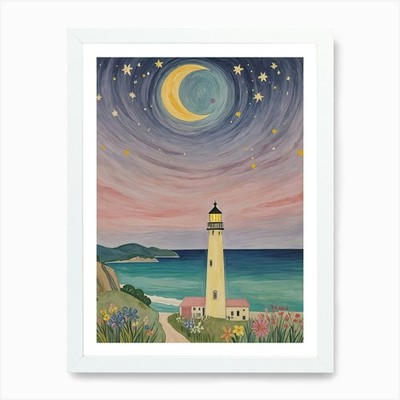 Leuchtturm bei Nacht Kunstdruck gerahmt Wandbild Poster Leinwanddruck Bild