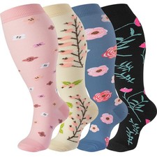 4 Pairs Plus Size Compression Socks Extra Wide Calf Women Men 20-30mmHg Suppo...