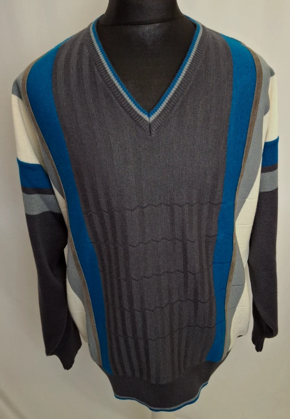 Gabicci V-Neck Striped Sweater Jumper Retro 80s Casual Designer Grey XL L3668
