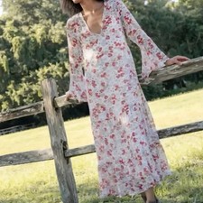 Natural Life Sheer Multi Floral V Neck Tiered Bell Sleeve Maxi Dress Size Small