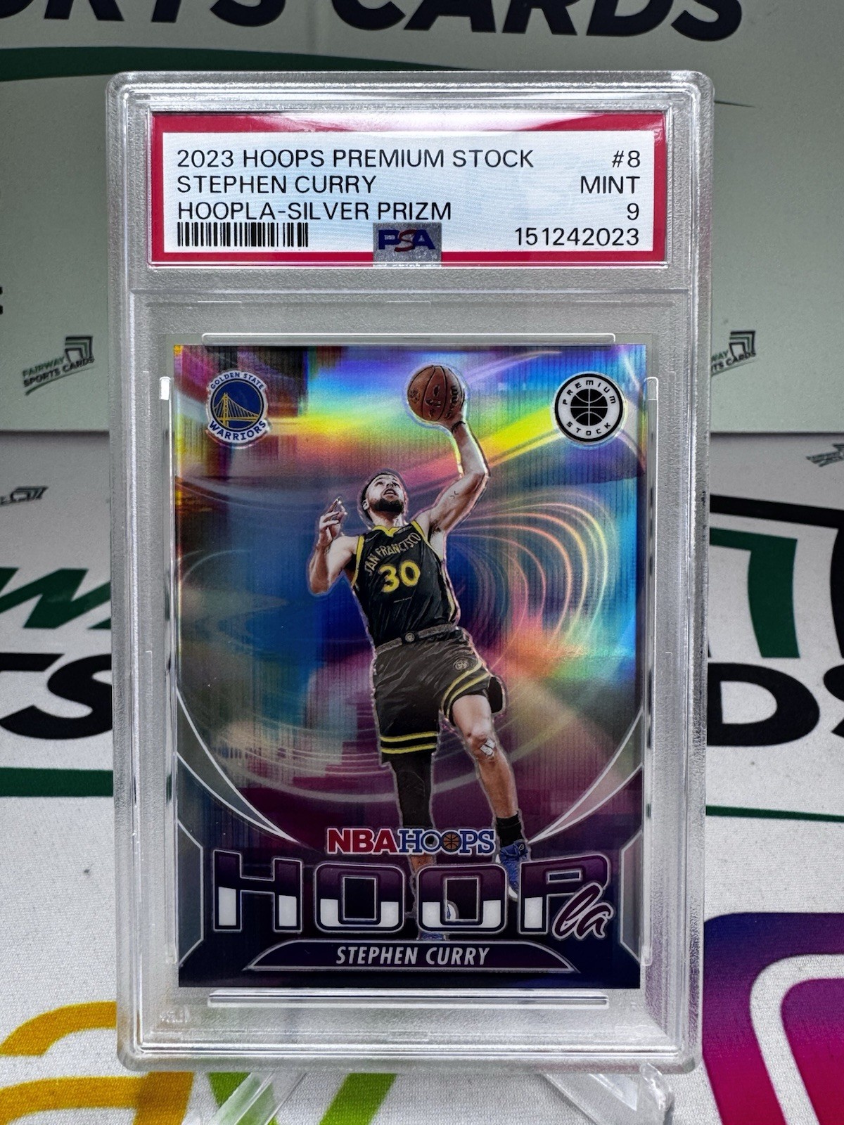 2023-24 Hoops Premium Hoopla Stephen Curry #8 Silver Prizm PSA 9 - Golden State