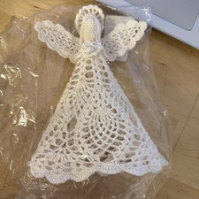 Vintage Starched Crocheted Lace Angel Christmas Tree Topper -8 1/2 &ldquo; Tall