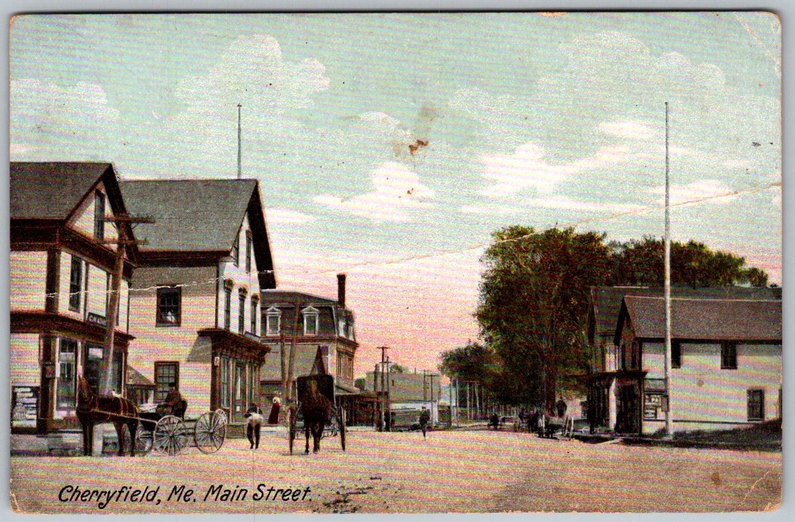 Antique Postcard Main Street Scene Cherryfield, ME 1910s