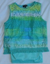 JORDACHE sleeveless green multi crochet tassel overlay over tank top,girl L 10-1