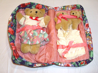 Plush Vintage Teddy Bear With a Change of Clothes And Case & 2 Baby Bears.