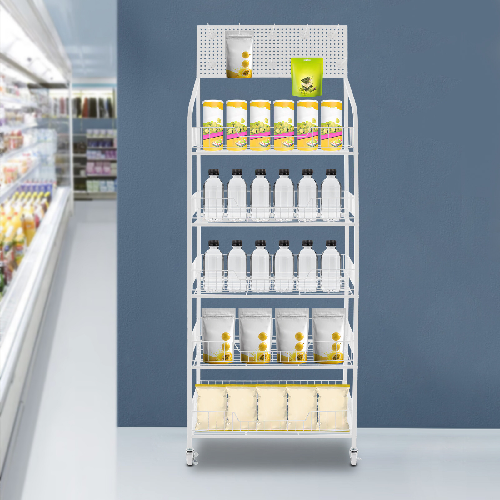 5 Tier Retail Display Cases Movable Snack Candy Display Shelf Snack Rack w/Hooks