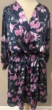 Ophelia Roe Smocked Crossover V-Neck Dress Womens Size Medium Pink Floral New