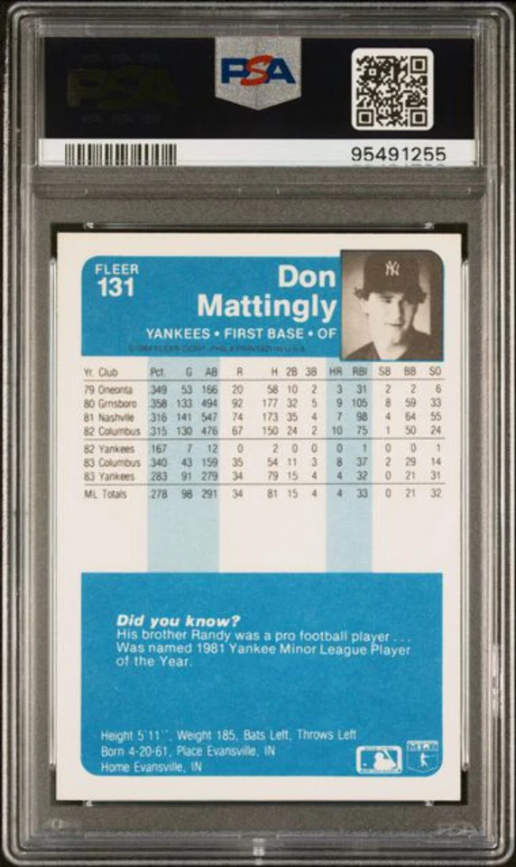 Graded 1984 Fleer Don Mattingly #131 Rookie RC Baseball Card PSA 9 Mint - Image 2 of 2