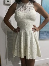 Juniors City Studio Lace High Neck Fit Flare Lined White Dress  Small