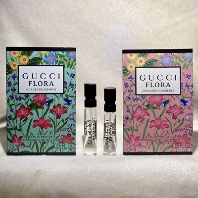 Gucci Flora Gorgeous Jasmine +Gorgeous Gardenia Sample Spray Set .05oz, 1.5ml Ea