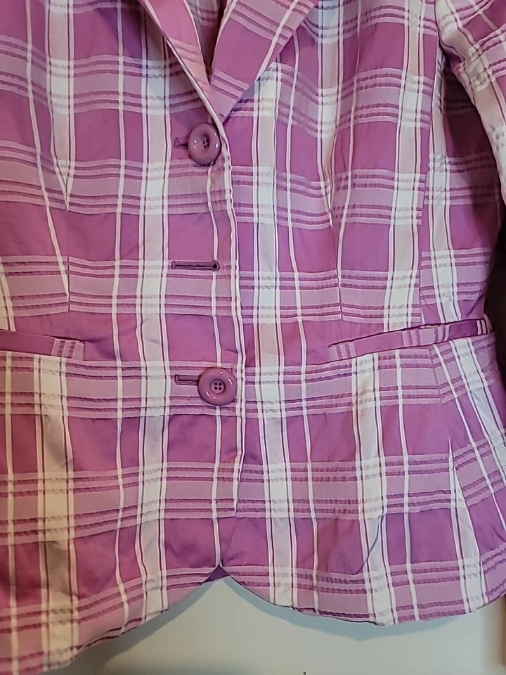 Blazer italiano Moschino barato y elegante para mujer talla 8 a cuadros blanco lavanda carrera Foto 4 de 4