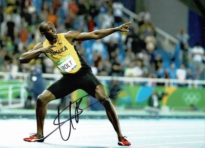 Sprintlegende Usain Bolt signiert 16x12 Unterschrift Sieg Pose Foto + COA