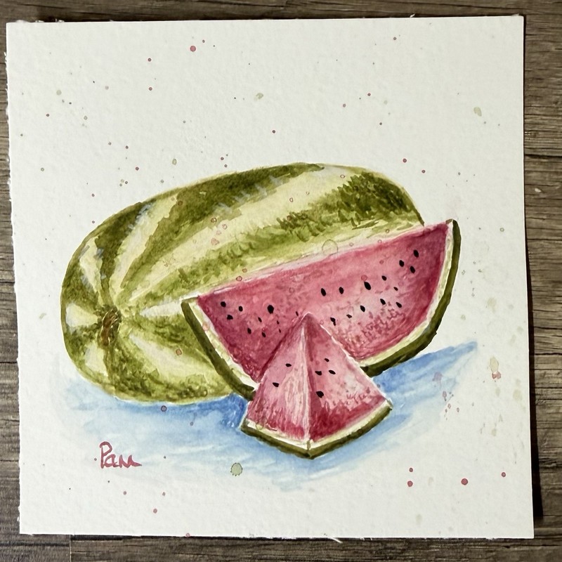 Original ACEO  Watercolor “Summer Melon” 5”x 5” by Pamela Long