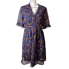 Madewell Womens Size 8 Freesia Dress in Climbing Vine Navy Orange Floral Ruffle