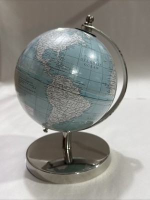 7  Mini Pastel Blue Desktop World Globe Map Silver Tone Metal Stand Velvet Base