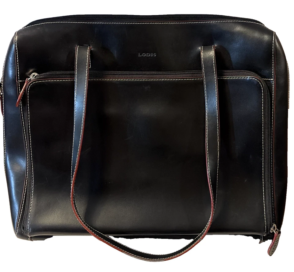 Bolsa tote para laptop Lodis Audrey com zíper superior lisa preta vermelha acabamento couro viagem escolar - Imagem 3 de 4