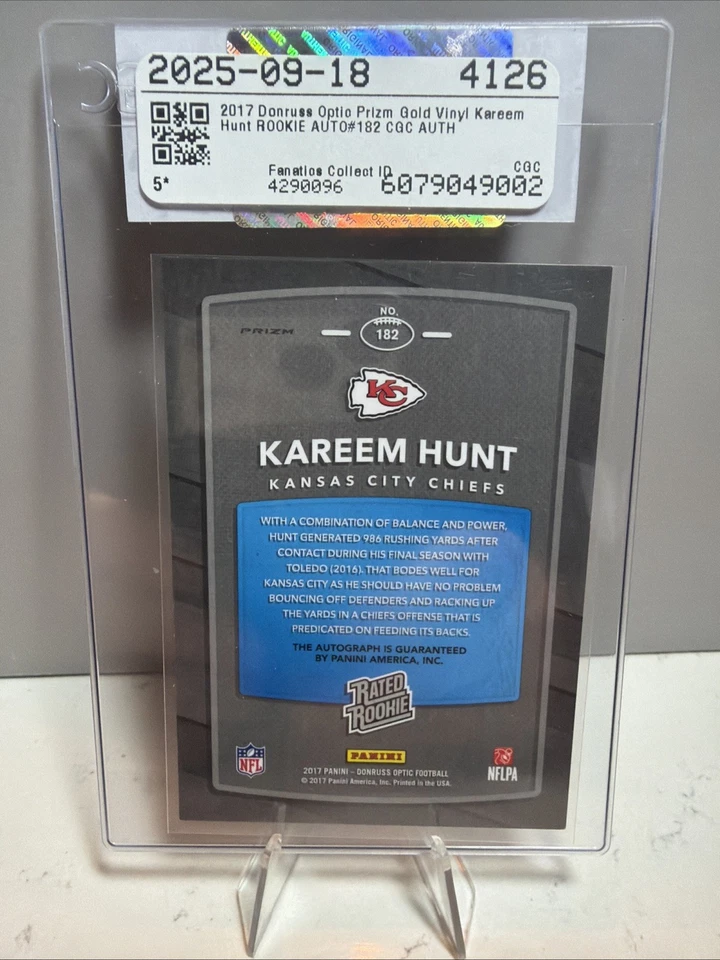 Panini Donruss Optic Gold Vinyl 2017 Kareem Hunt Rookie Auto 1/1 CGC auténtico #182 Foto 2 de 2