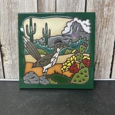 Vintage Made in Italy Ceramic Tile Trivet Roadrunner Desert Cactus Southwest