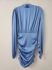 Rare London Womens Mini Dress UK 8 Blue Satin High Neck Ruched Long Sleeve