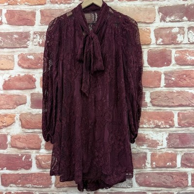 VICI Tunic Dress Womens Small Burgundy Floral Lace Tie Neck Evening Party |  eBay