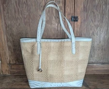 BRAHMIN Straw & White Leather BROOKE SOL Tote Croc Embossed Melbourne EUC Gold