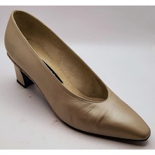 Vintage Stuart Weitzman Women's Champagne Block Heel Leather Pumps, 8B